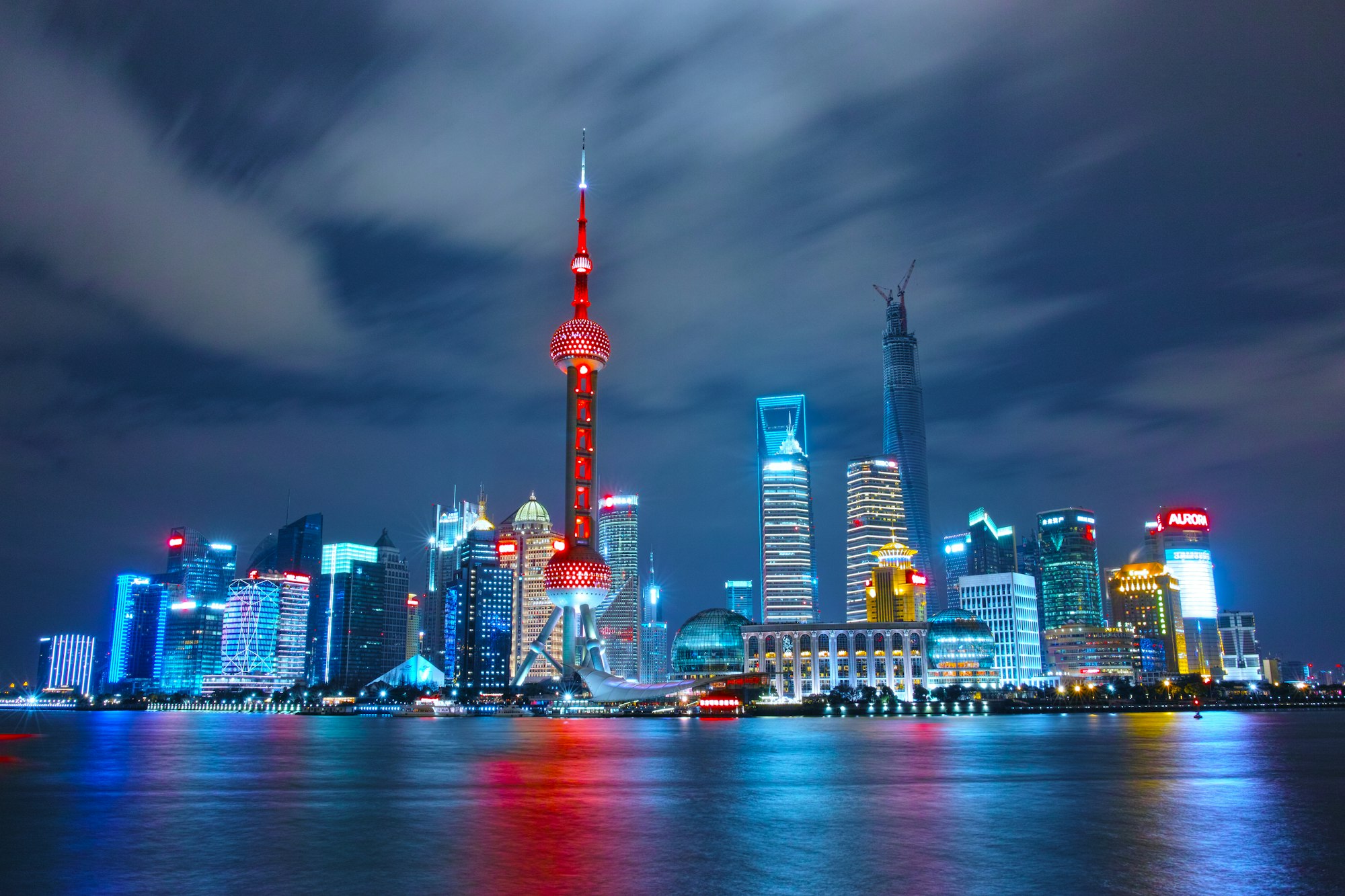 Shanghai skyline at dusk along the Huangpu River